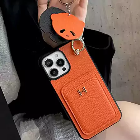 hermès litchi grain leather card holder teddy bear charm iphone case