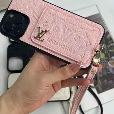 leather LV - style card - holder iPhone case with lanyard
