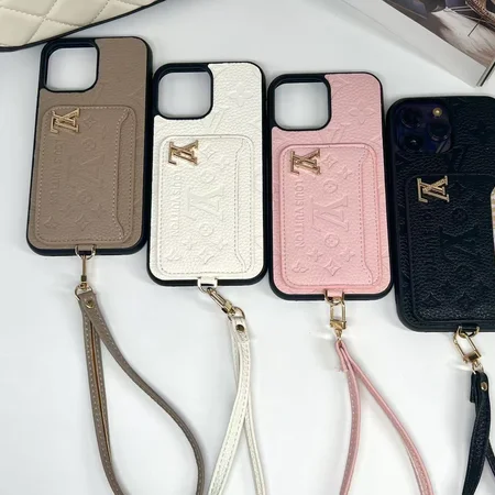 leather LV - style card - holder iPhone case with lanyard