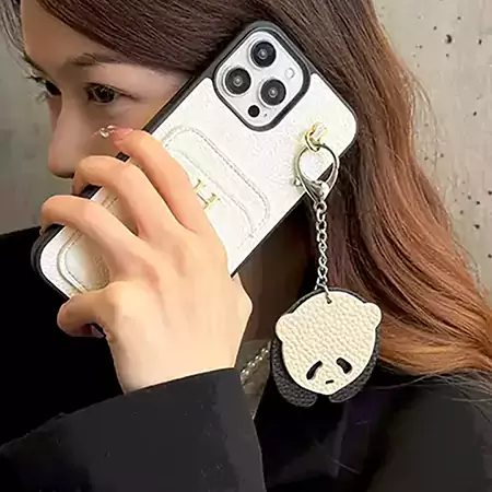hermès litchi grain leather card holder teddy bear charm iphone case
