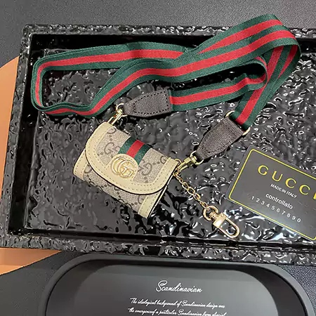 GUCCI - inspired arc - shaped patchwork leather AirPods case with detachable lanyard