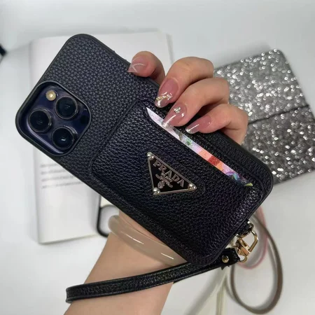 litchi grain prada card insert lanyard iphone case