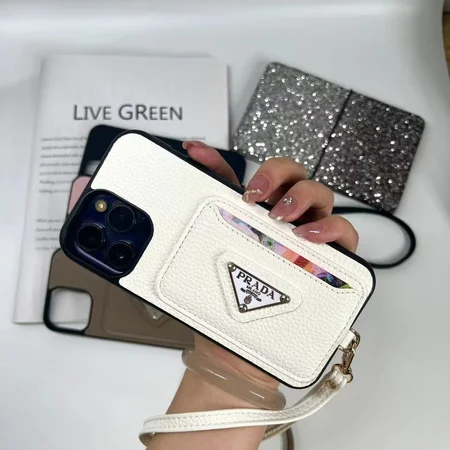 litchi grain prada card insert lanyard iphone case