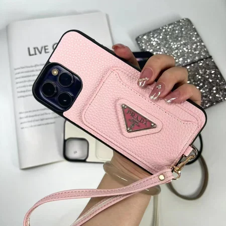 litchi grain prada card insert lanyard iphone case