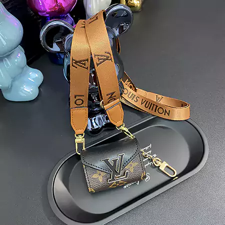 Louis Vuitton - inspired black - large - buckle patchwork genuine leather AirPods case with detachable lanyard