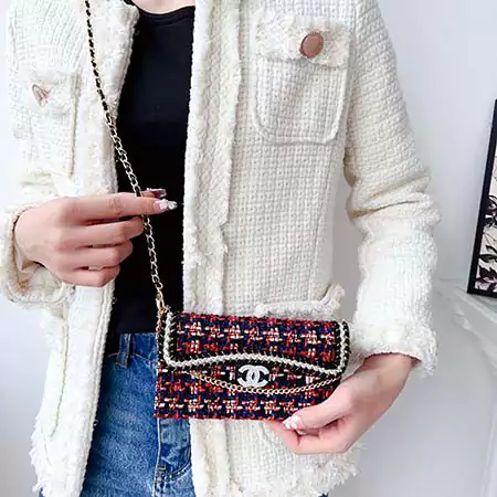chanel tweed lace rhinestone logo card holder coin compartment double - c chain cross - body iphone case
