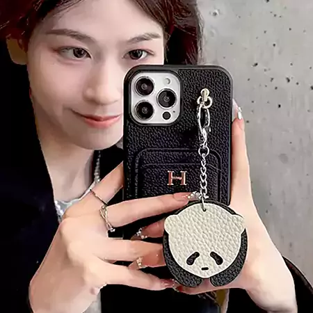 hermès litchi grain leather card holder teddy bear charm iphone case