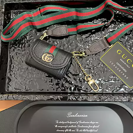 GUCCI - inspired arc - shaped patchwork leather AirPods case with detachable lanyard