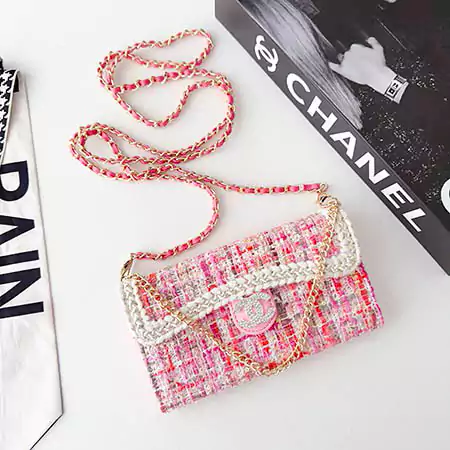 chanel tweed lace rhinestone logo card holder coin compartment double - c chain cross - body iphone case