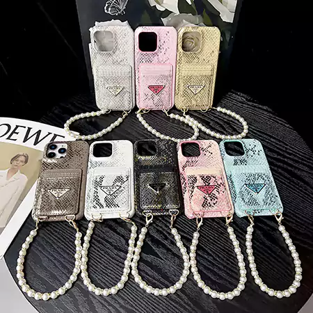 prada python print double card slot pearl chain iphone case