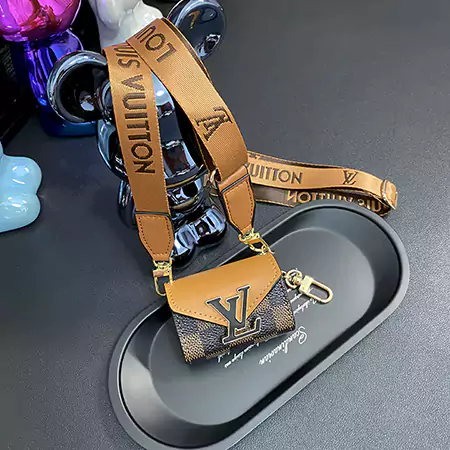 Louis Vuitton - inspired black - large - buckle patchwork genuine leather AirPods case with detachable lanyard