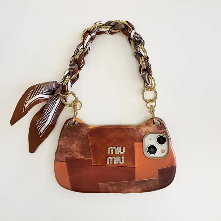 miumiu crystal-embellished brown check handbag iphone 16/16pro/pro max case