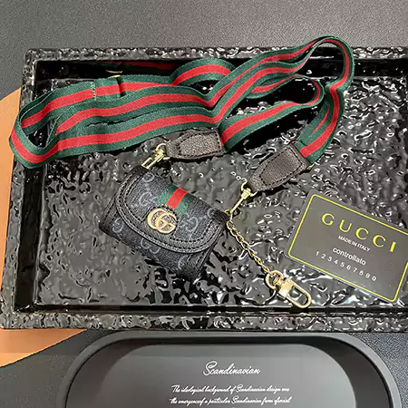 GUCCI - inspired arc - shaped patchwork leather AirPods case with detachable lanyard