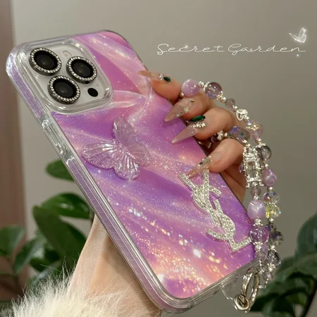 chanel sparkling rhinestones purple flowing - gauze butterfly iphone case