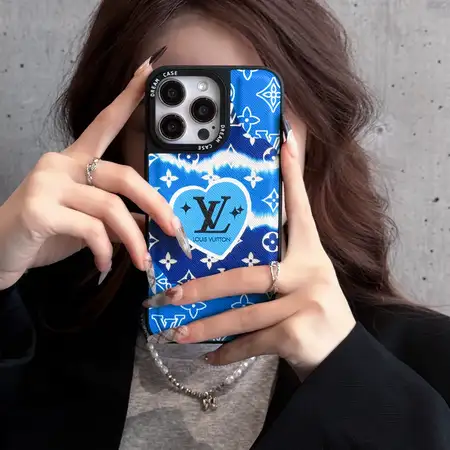 Blue LV cross - grained leather phone case