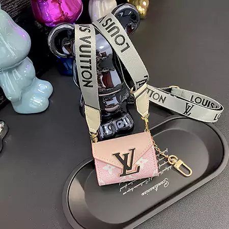 Louis Vuitton - inspired black - large - buckle patchwork genuine leather AirPods case with detachable lanyard