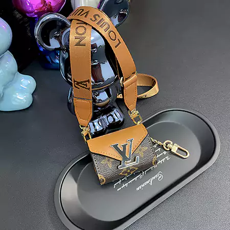 Louis Vuitton - inspired black - large - buckle patchwork genuine leather AirPods case with detachable lanyard
