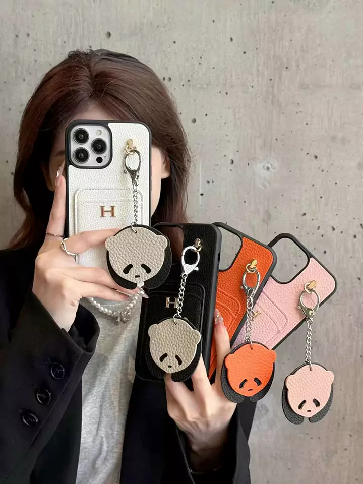 hermès litchi grain leather card holder teddy bear charm iphone case
