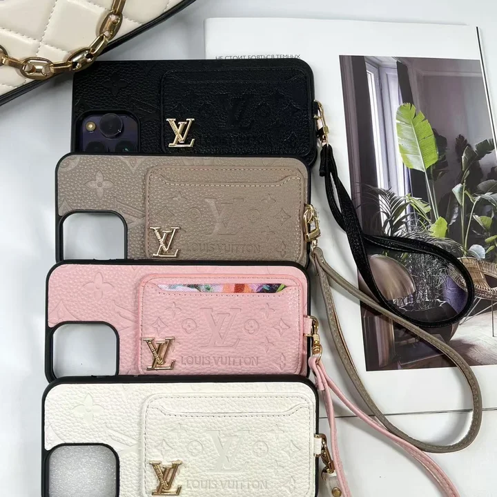 leather LV - style card - holder iPhone case with lanyard
