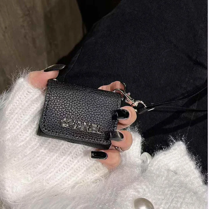 CHANEL litchi - grain leather AirPods case with hand strap