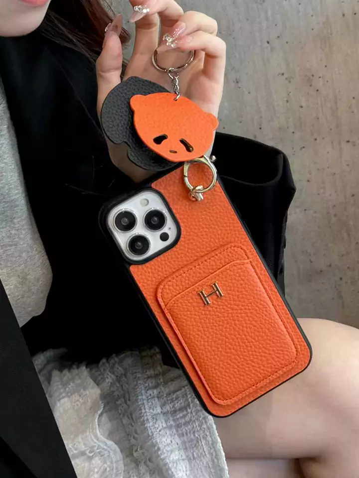hermès litchi grain leather card holder teddy bear charm iphone case