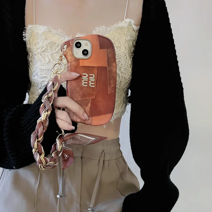 miumiu crystal-embellished brown check handbag iphone 16/16pro/pro max case