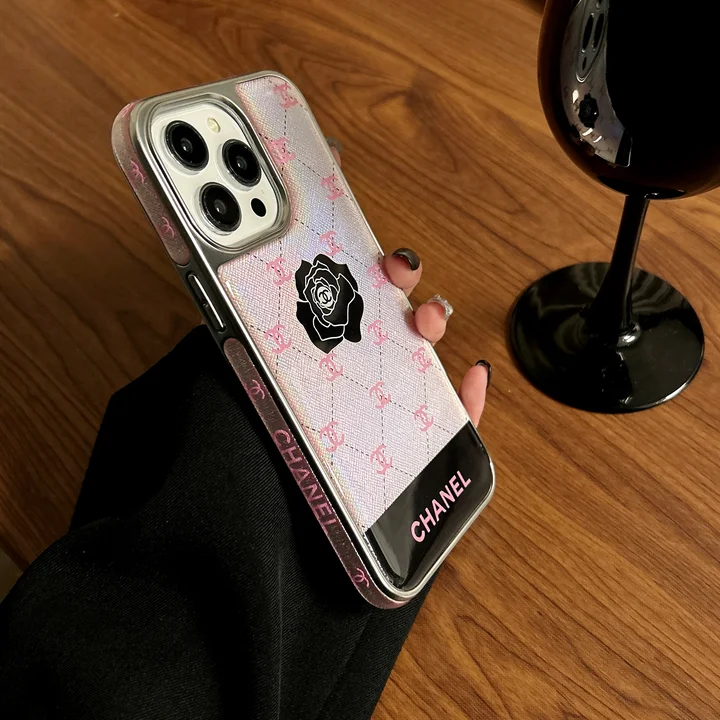 chanel pink logo black rose iphone 16/16pro/pro max case